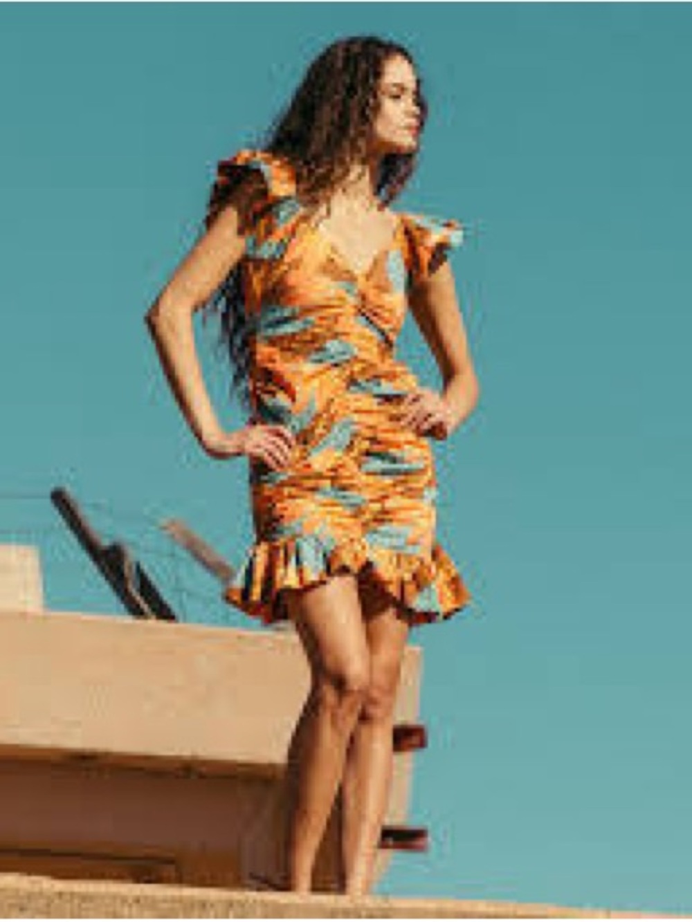 Cleobella Orange Tropical Print Ruffle Mini Dress